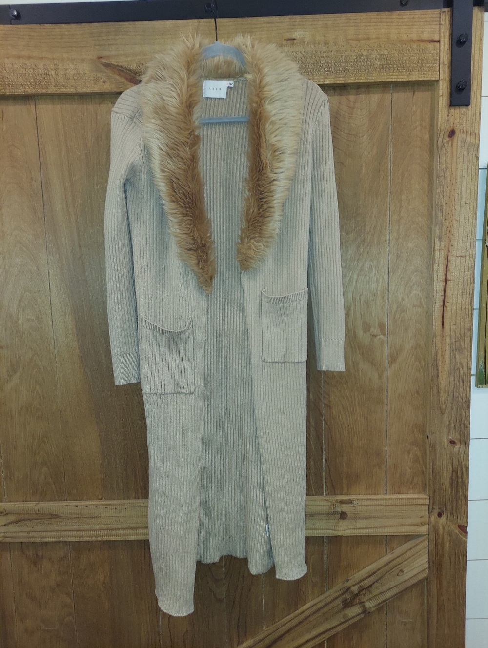 Lush Cardigan Sweater Extra Small Open Long Faux Fur Trim Boho Tan Brown Pocket